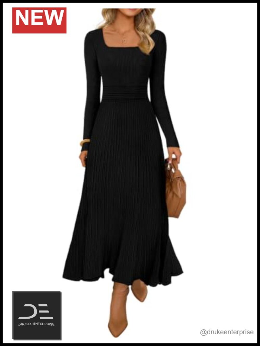 MEROKEETY Women's Midi Sweater Dress Long Sleeve Square Neck Pleated Knit